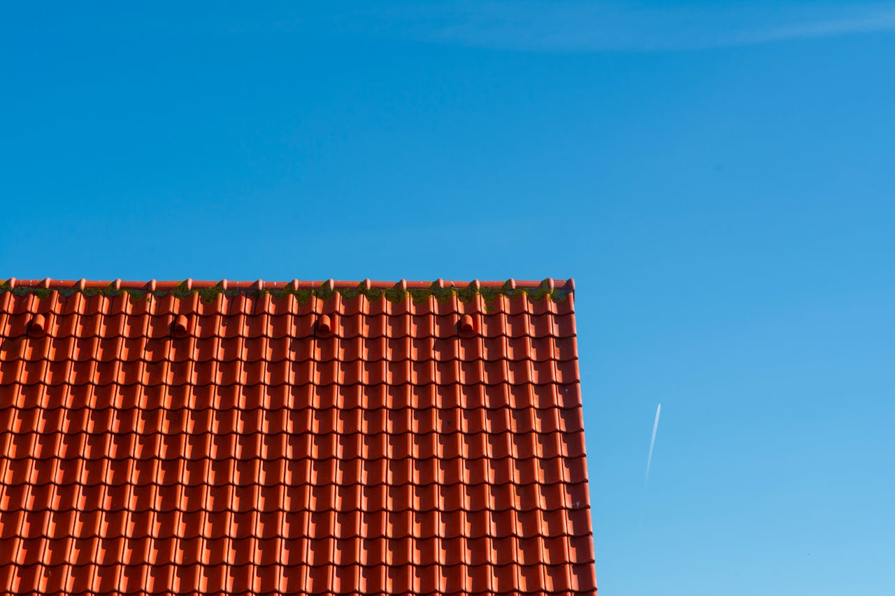 Minimalist photo of a red tiled rooftop contrasting against a clear blue sky.