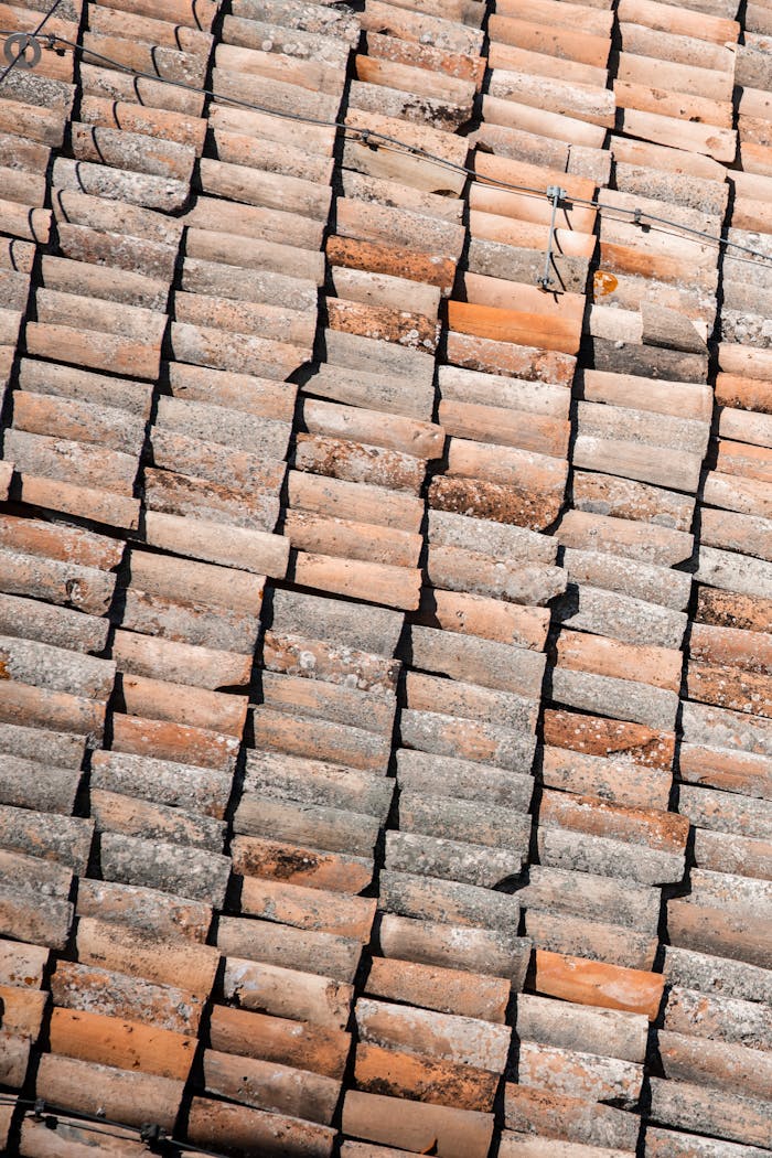 Close-up of San Marino rooftop showcasing textured clay tiles and natural aging.
